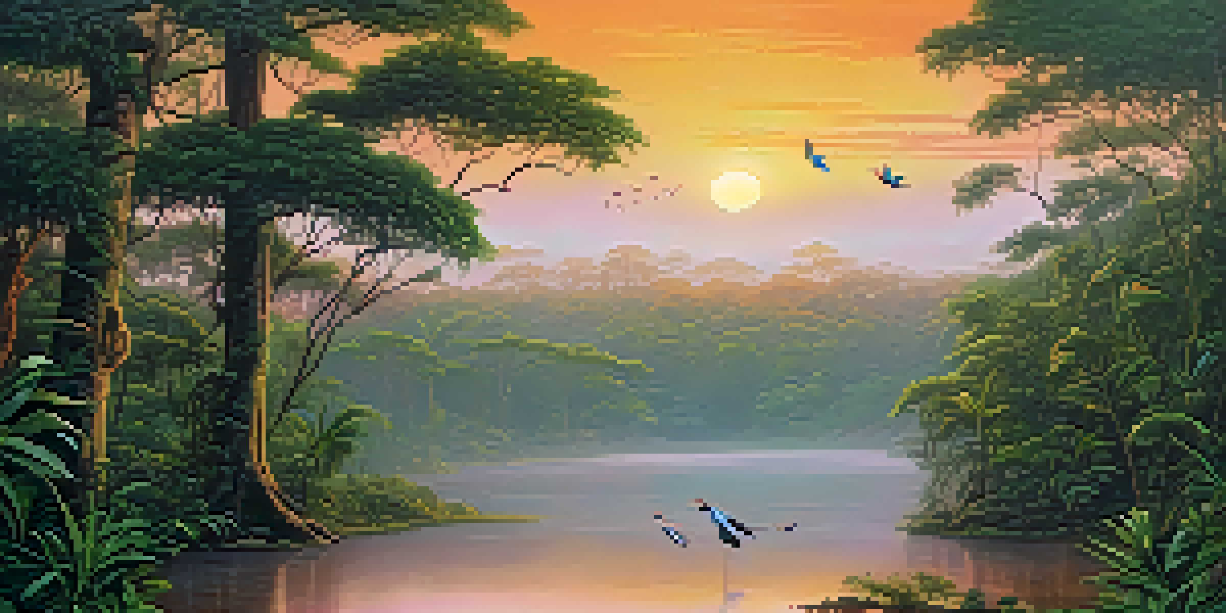 A tranquil view of the Amazon Rainforest at sunrise with lush greenery, colorful birds, and a misty river.