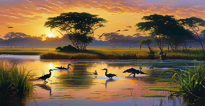 A peaceful view of the Pantanal wetlands, with caimans and birds under a golden sunset.