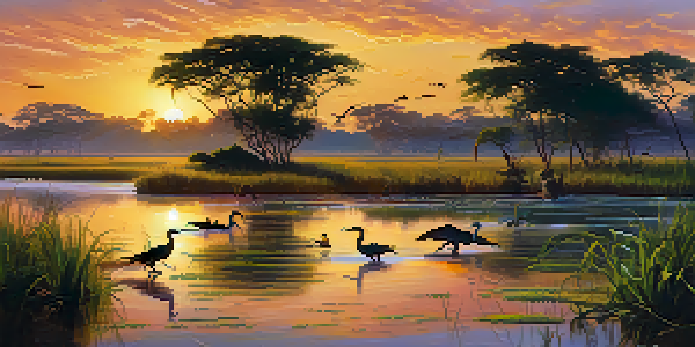A peaceful view of the Pantanal wetlands, with caimans and birds under a golden sunset.