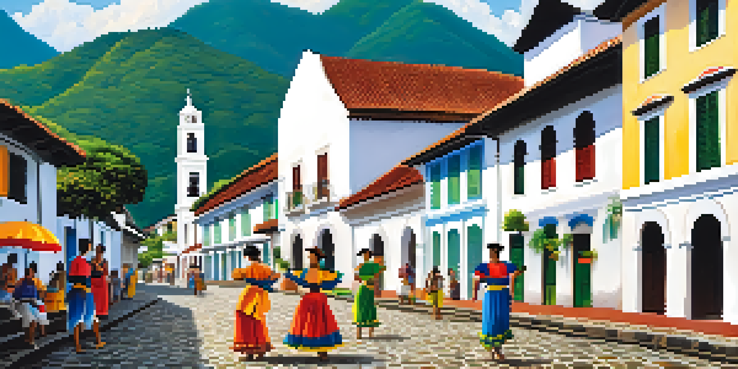A scenic landscape of Paraty, Brazil, showcasing colonial architecture, cobblestone streets, and a lively cultural festival with people in traditional attire.