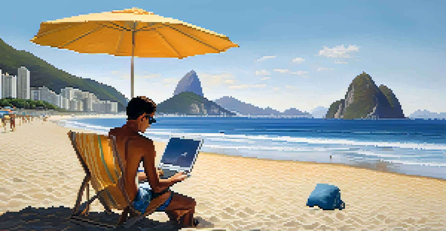 A remote worker using a laptop on Copacabana Beach, with the ocean and mountains in the background on a sunny day.