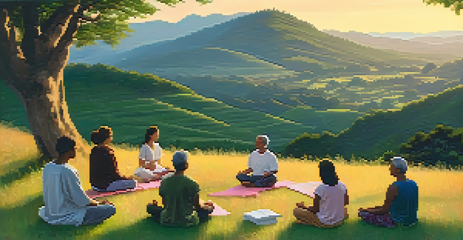 Participants in a group meditation on a grassy hill surrounded by wildflowers during sunset, creating a calm atmosphere.