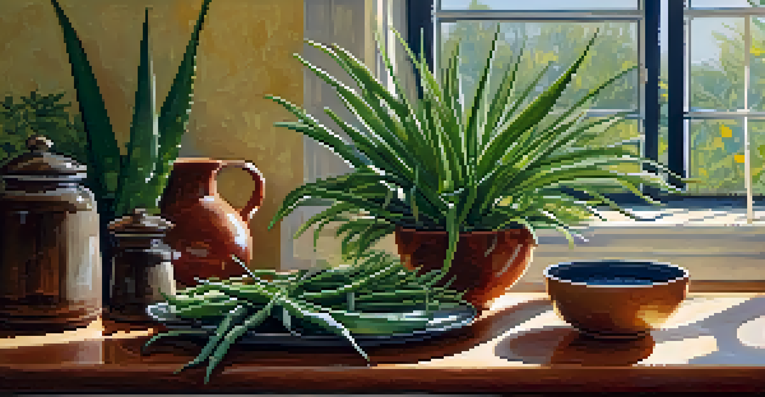 A kitchen countertop with freshly harvested Brazilian herbs like Aloe Vera and Jambolão, and a steaming cup of herbal tea.