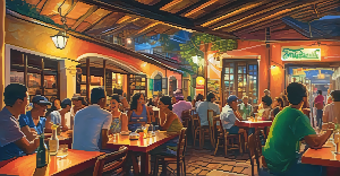 A lively boteco in Rio de Janeiro with patrons enjoying food and drinks, surrounded by colorful decor and live music.