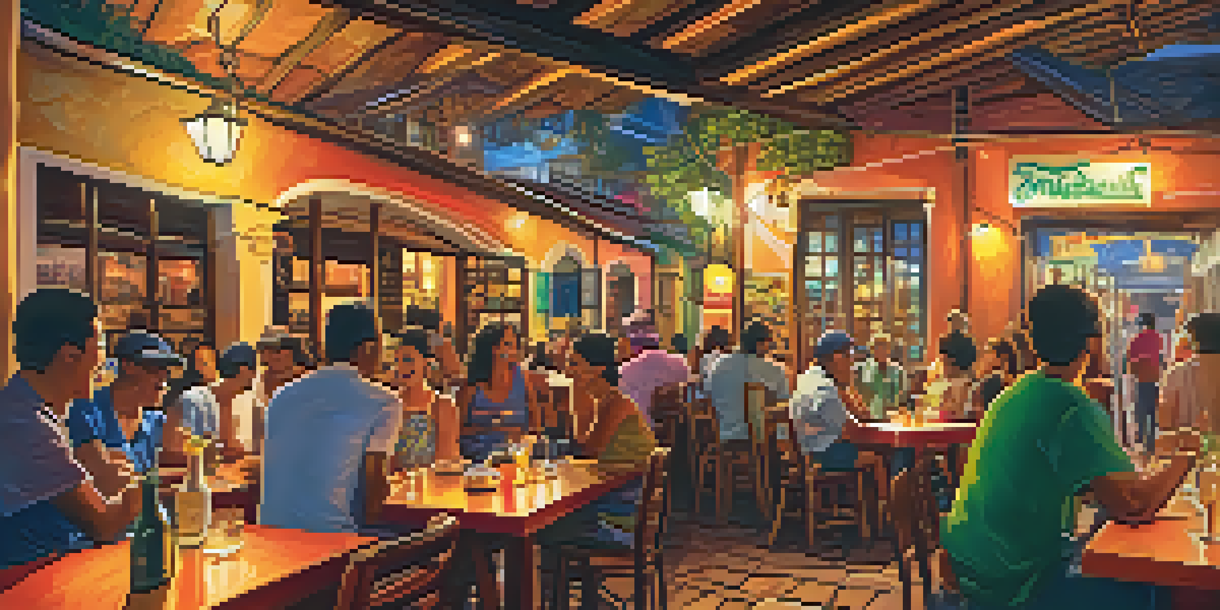 A lively boteco in Rio de Janeiro with patrons enjoying food and drinks, surrounded by colorful decor and live music.