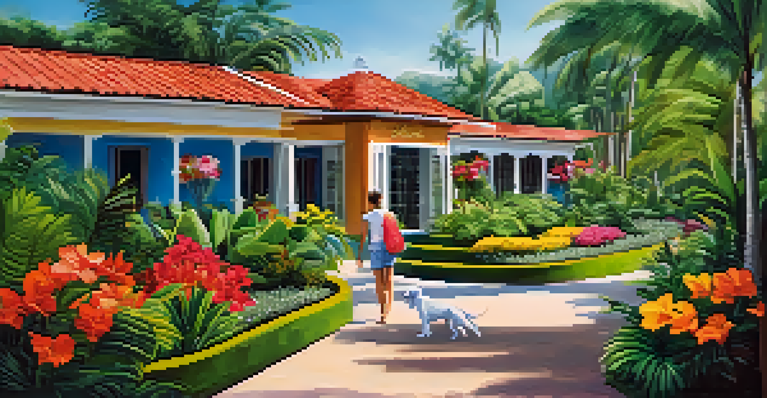 A pet-friendly hotel in Brazil with a person walking their dog in a garden.