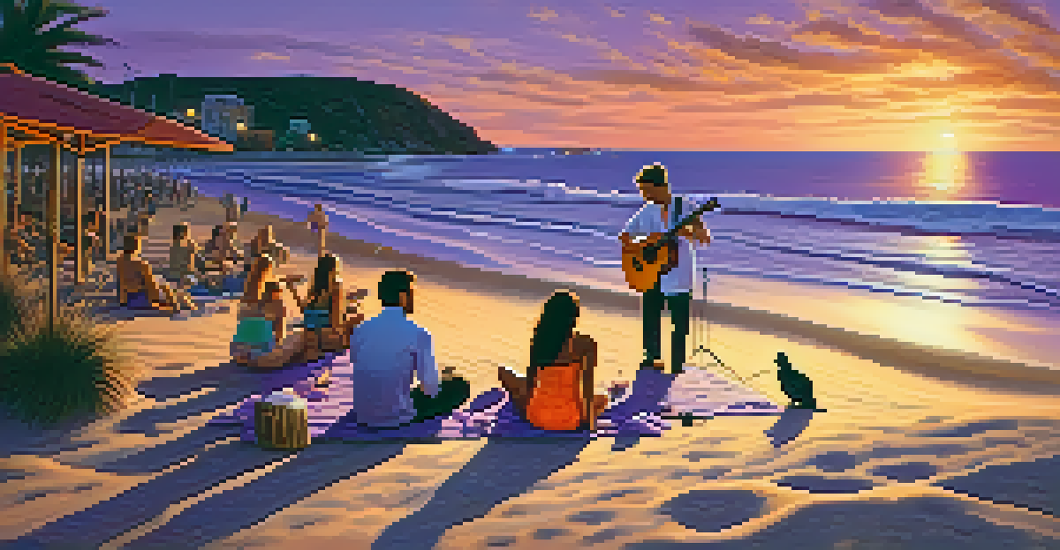A serene beach scene at sunset with a guitarist playing Bossa Nova music, surrounded by friends enjoying the relaxing atmosphere and beautiful colors.