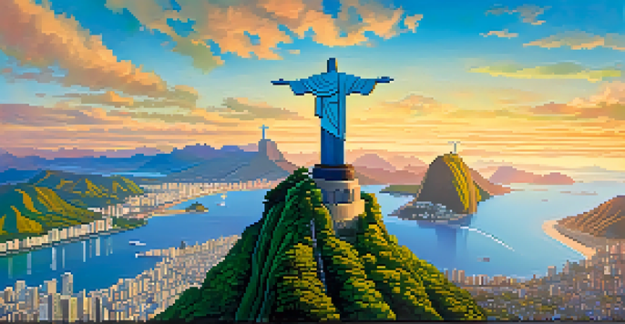 Aerial view of Christ the Redeemer statue with Rio de Janeiro below, showcasing lush greenery and coastline under a blue sky.