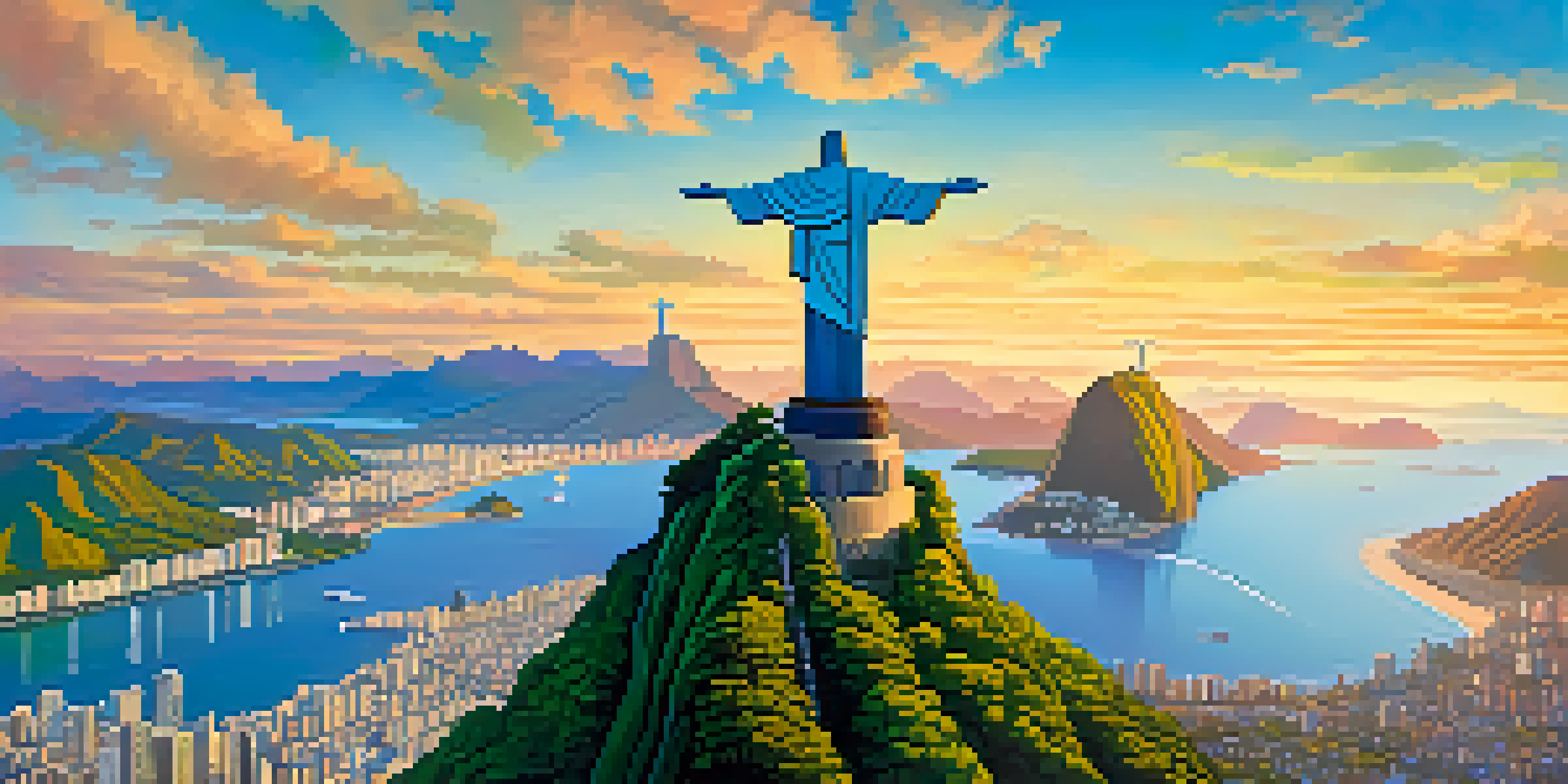 Aerial view of Christ the Redeemer statue with Rio de Janeiro below, showcasing lush greenery and coastline under a blue sky.