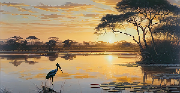 A beautiful Pantanal wetland scene at sunset with a Jabiru Stork wading in the water.