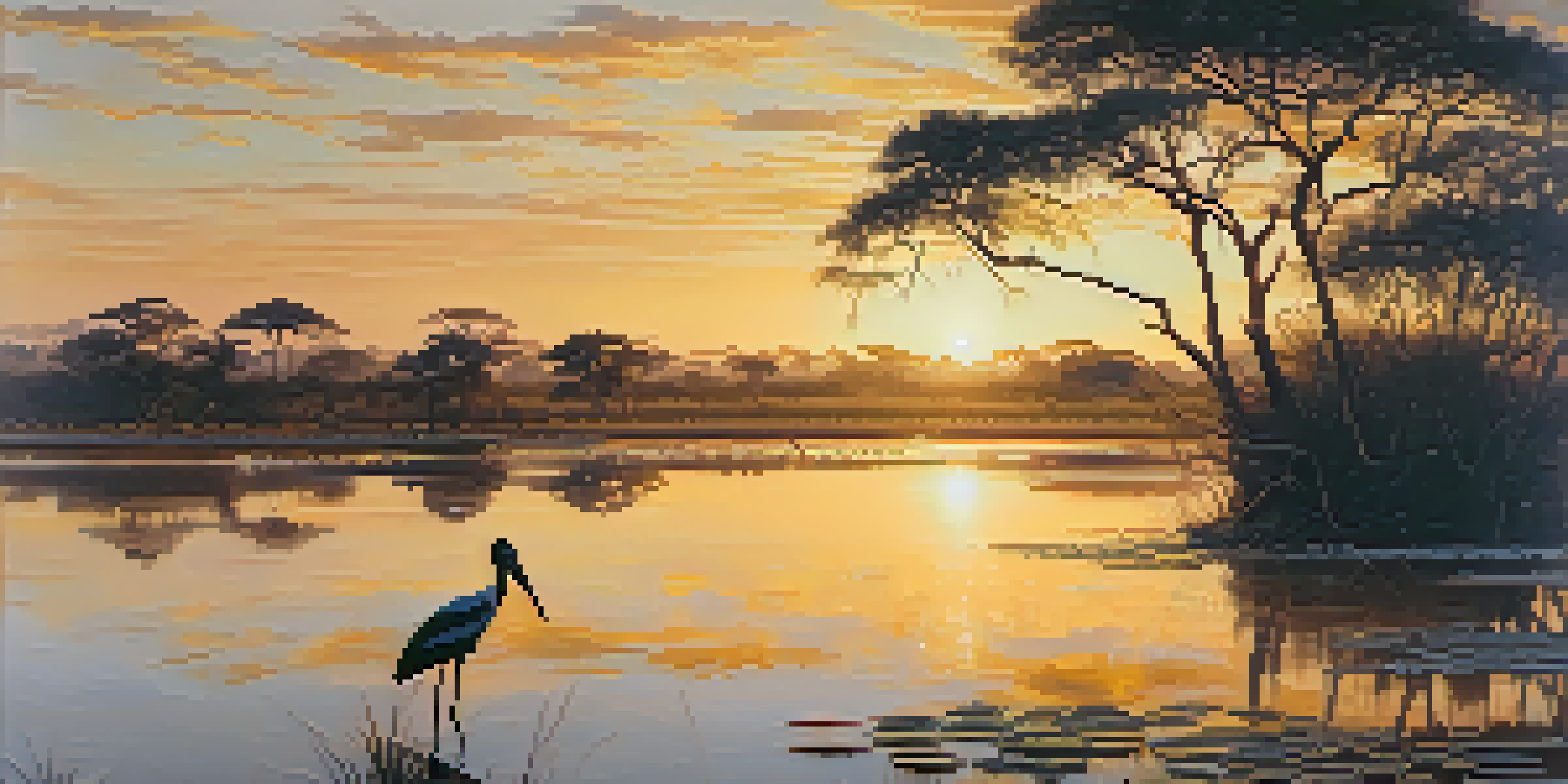 A beautiful Pantanal wetland scene at sunset with a Jabiru Stork wading in the water.