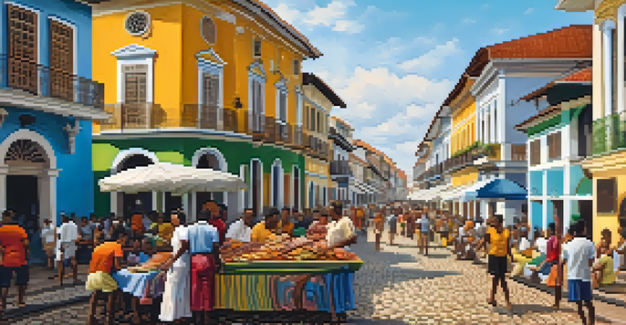 A lively street scene in Salvador de Bahia with colorful colonial buildings and people in traditional attire.