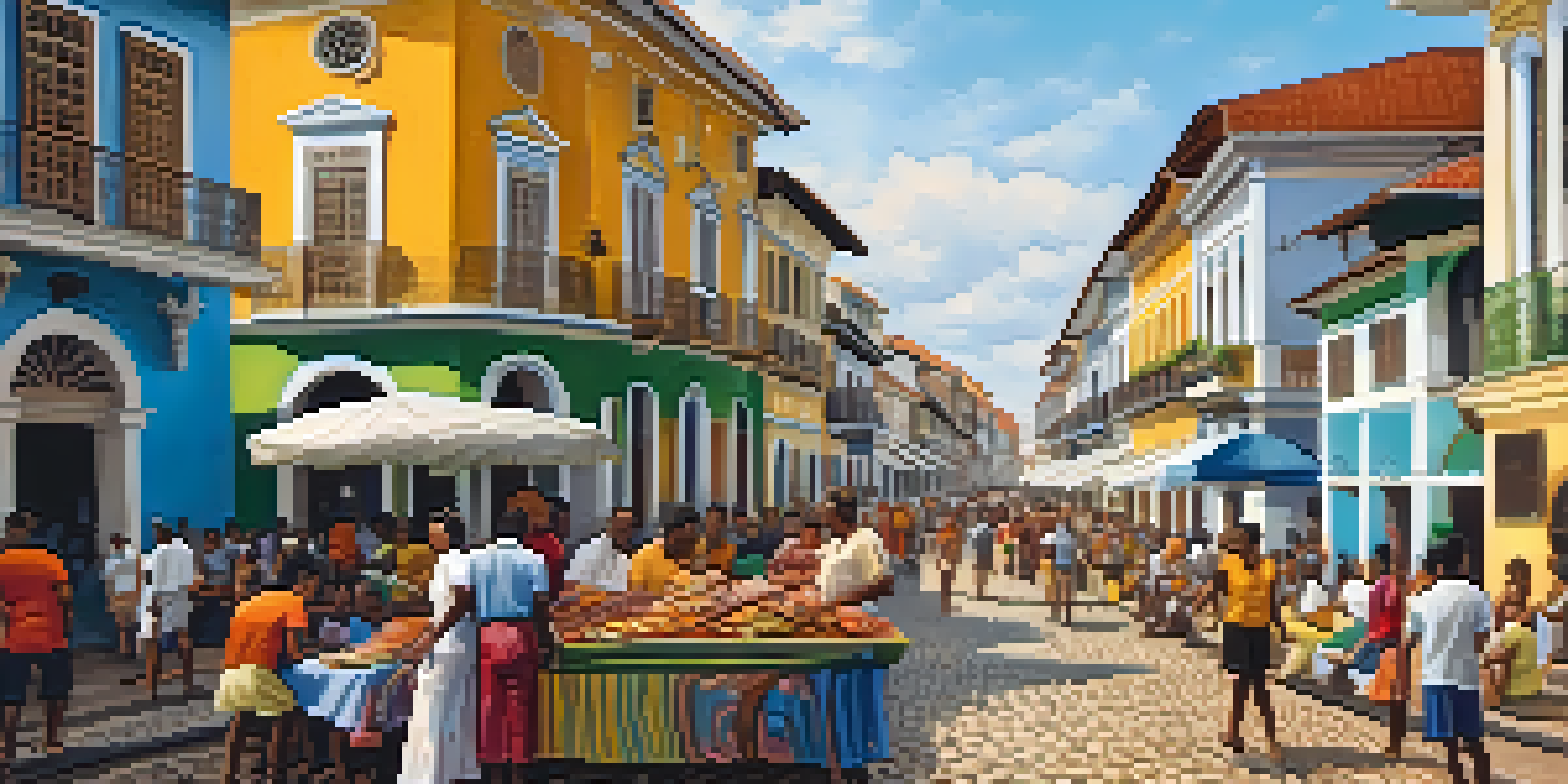 A lively street scene in Salvador de Bahia with colorful colonial buildings and people in traditional attire.