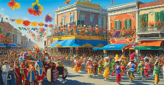 A lively Carnival parade showcasing colorful floats and dancers in elaborate costumes, set against a clear blue sky.