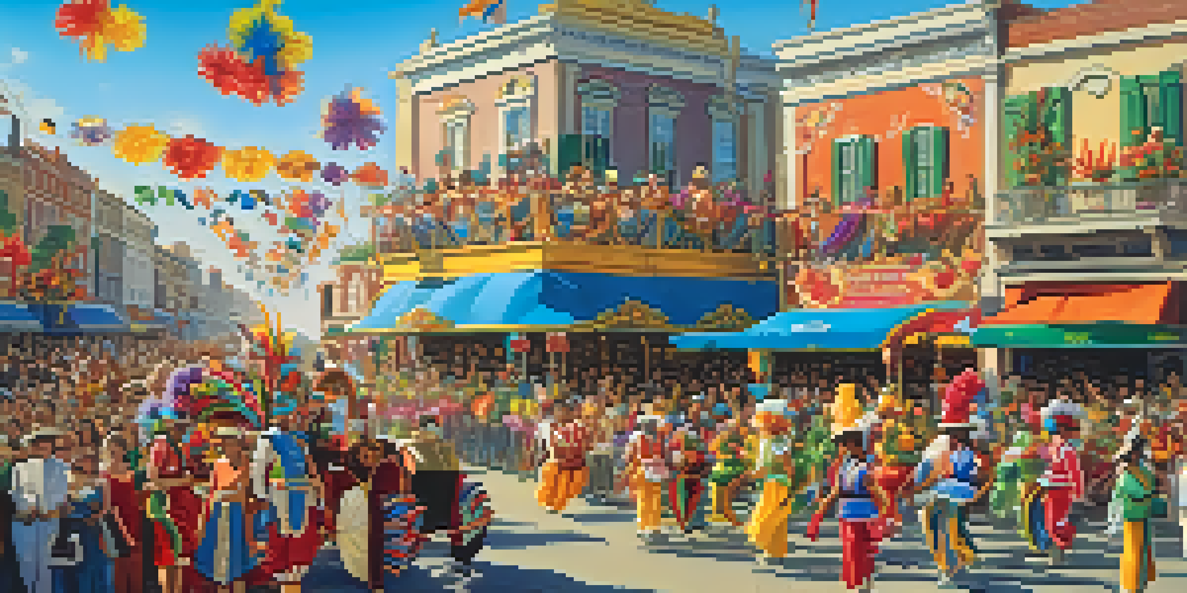 A lively Carnival parade showcasing colorful floats and dancers in elaborate costumes, set against a clear blue sky.