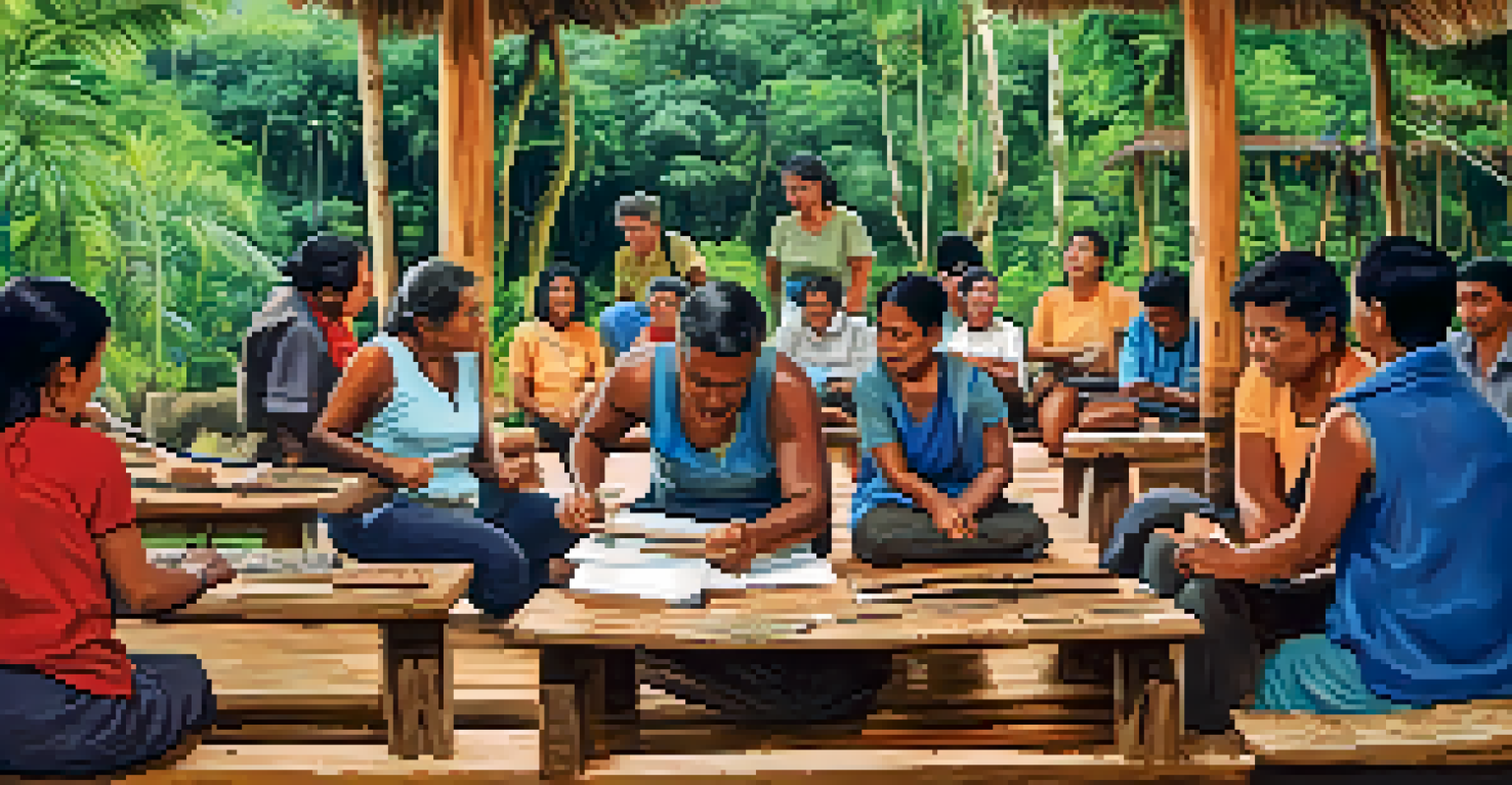 A lively educational workshop in an Amazon community, focusing on sustainable practices, with locals and volunteers participating.