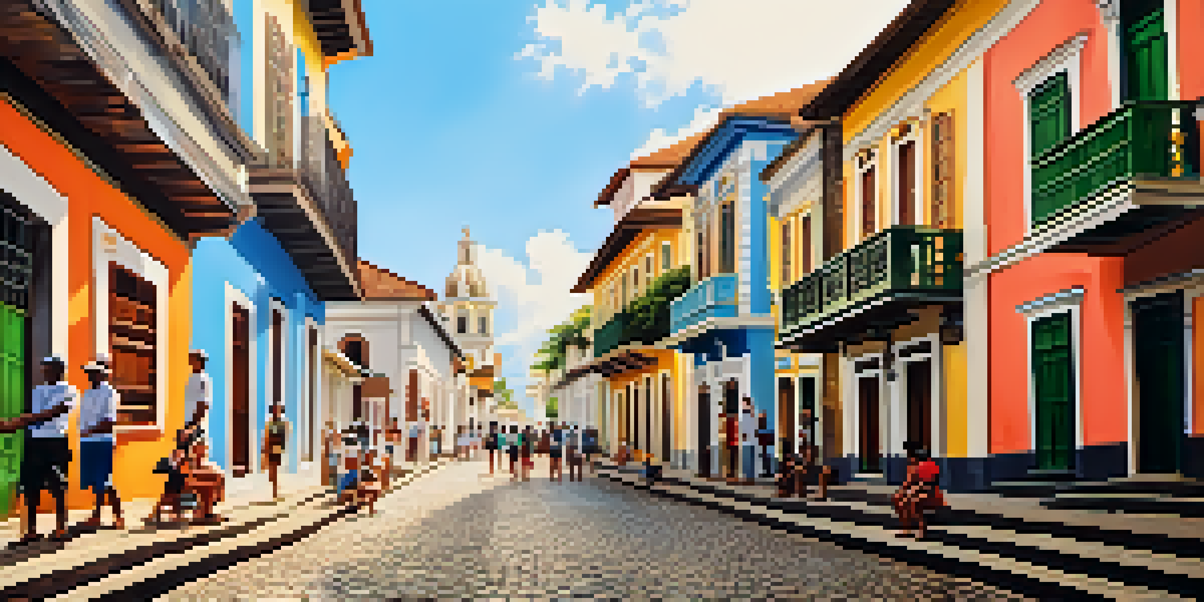 A colorful street in Pelourinho, Salvador, showcasing colonial buildings and lively street performers under bright sunlight.