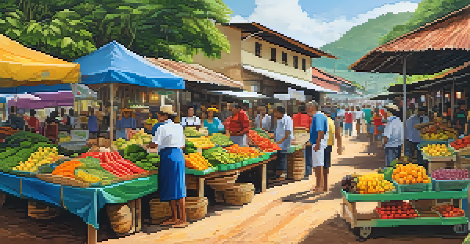 A lively rural market in Brazil showcasing colorful produce and local crafts, with people interacting and enjoying the atmosphere.