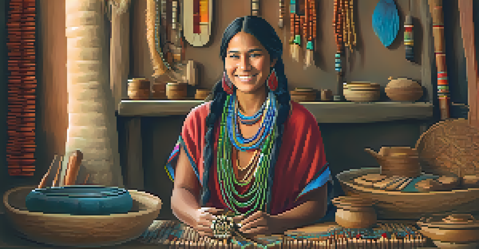 Portrait of an Indigenous woman artisan holding a handcrafted jewelry piece, smiling in her traditional attire.