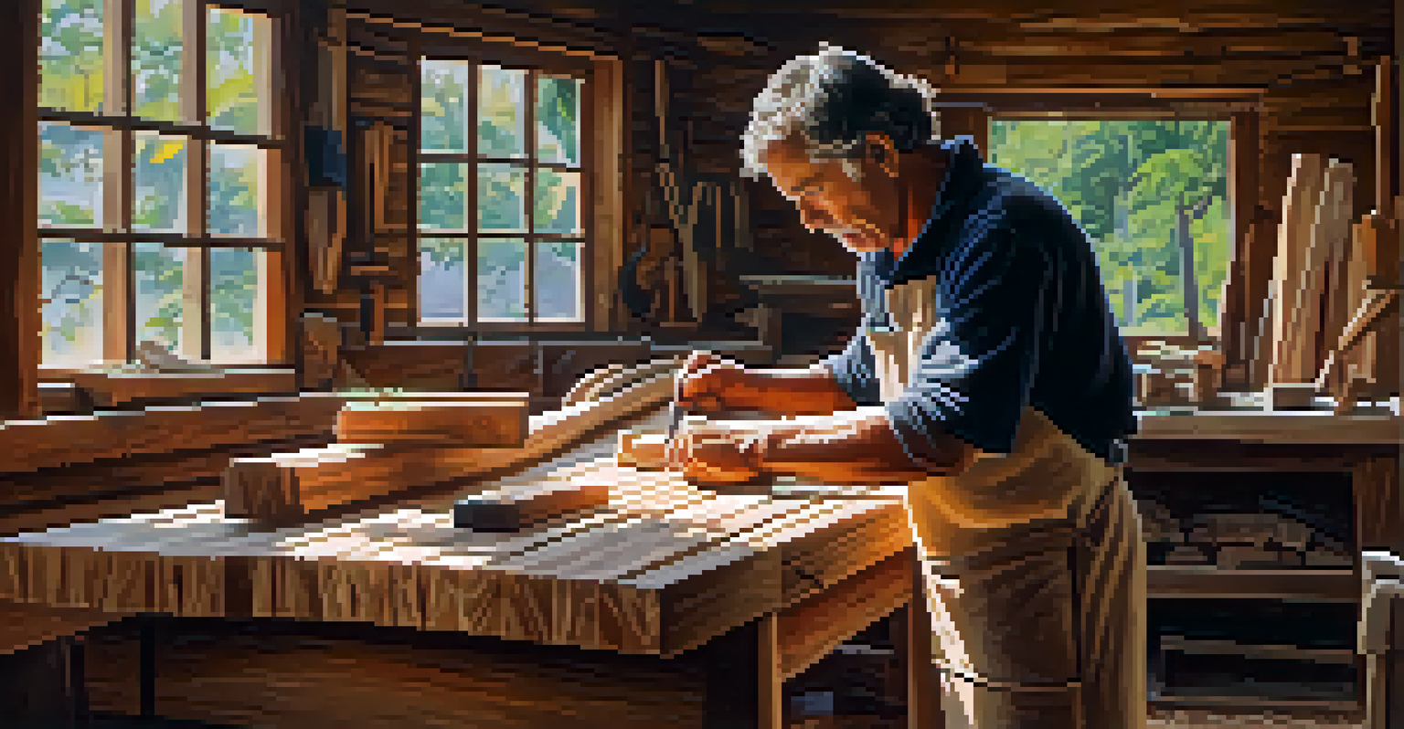 A woodworker shaping jatobá wood at a bench, surrounded by tools and finished sculptures in a well-lit workshop.