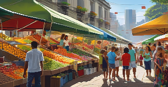 A vibrant family-friendly market in São Paulo, showcasing colorful stalls and families enjoying food and crafts.