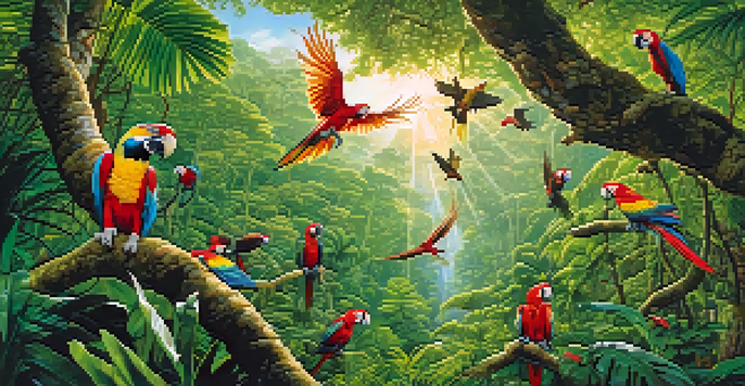 A colorful Amazon rainforest scene featuring a jaguar, macaws, and dense greenery with sunlight filtering through the trees.