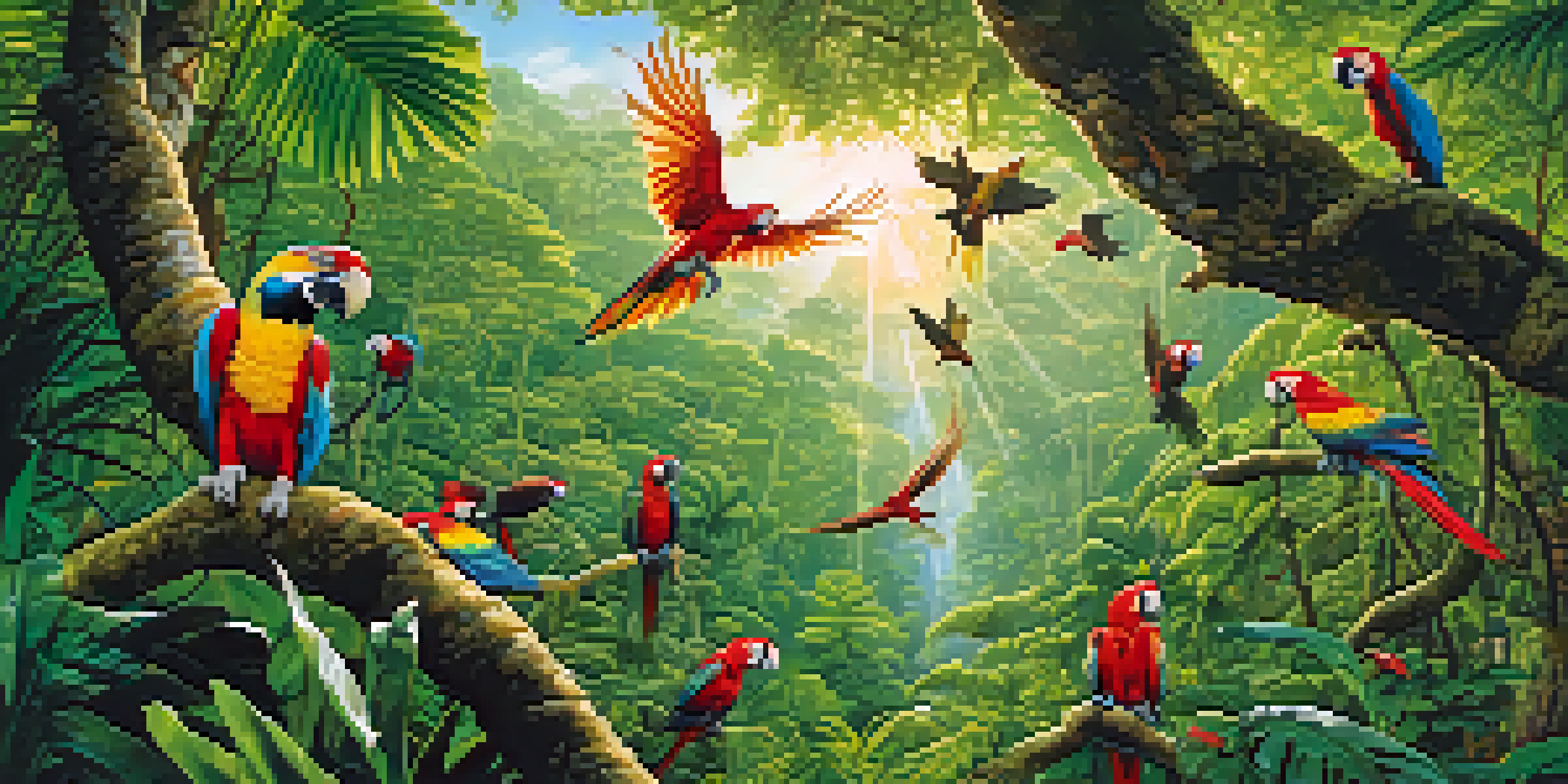 A colorful Amazon rainforest scene featuring a jaguar, macaws, and dense greenery with sunlight filtering through the trees.
