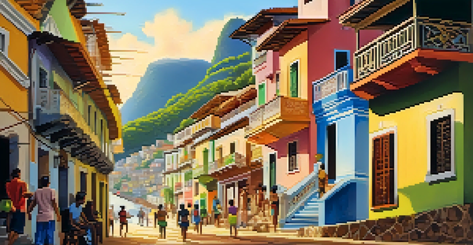 A bustling street in Rio de Janeiro with colorful houses, locals, and street vendors under a warm golden sunlight.