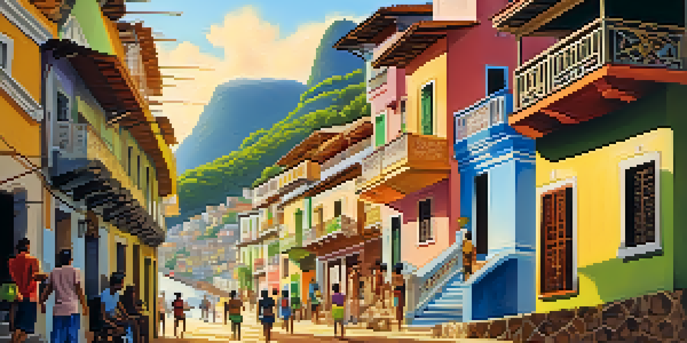 A bustling street in Rio de Janeiro with colorful houses, locals, and street vendors under a warm golden sunlight.
