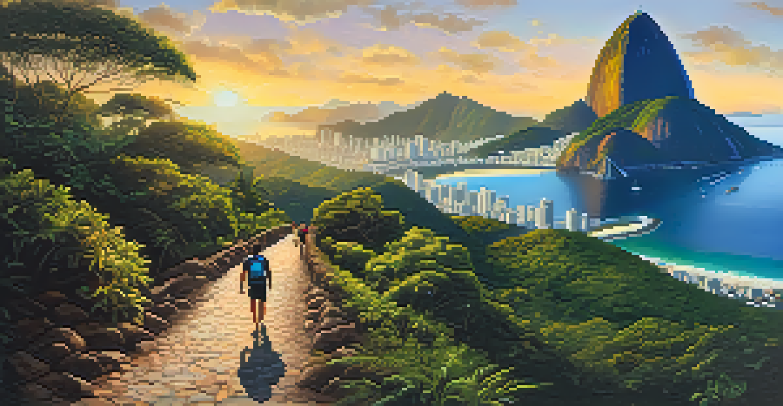 Hikers on a trail leading to Sugarloaf Mountain during sunset in Rio de Janeiro, Brazil.