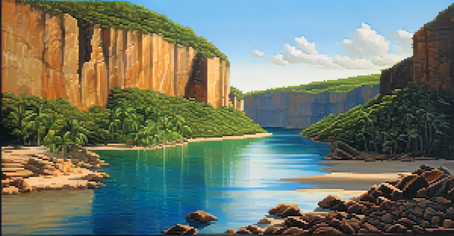 A peaceful canyon landscape with vibrant blue waters, steep walls, and lush greenery, illuminated by the golden light of sunset.