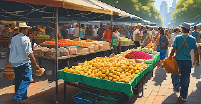 A lively street market in São Paulo with colorful stalls and street performers, illuminated by golden hour light.