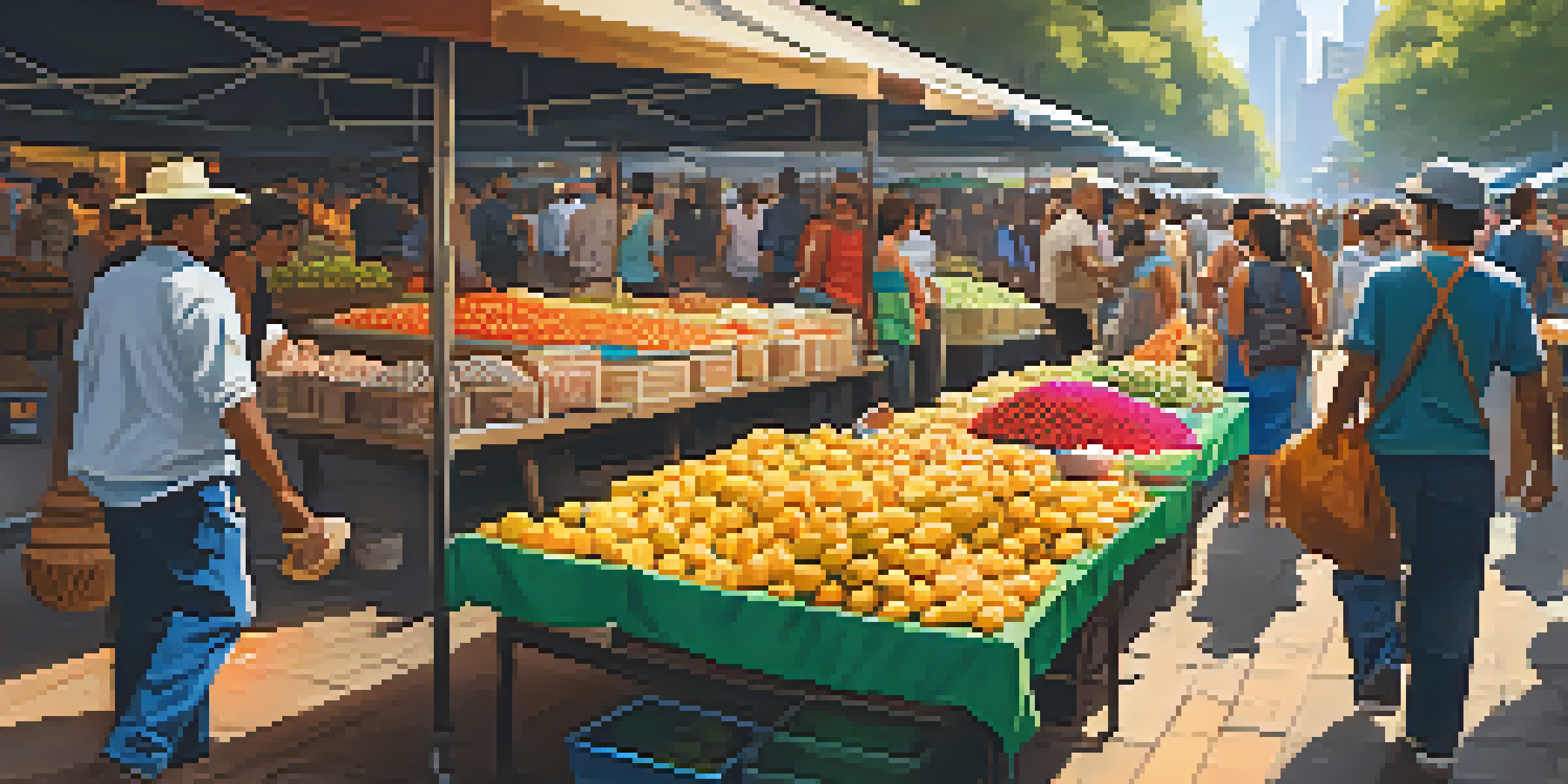 A lively street market in São Paulo with colorful stalls and street performers, illuminated by golden hour light.
