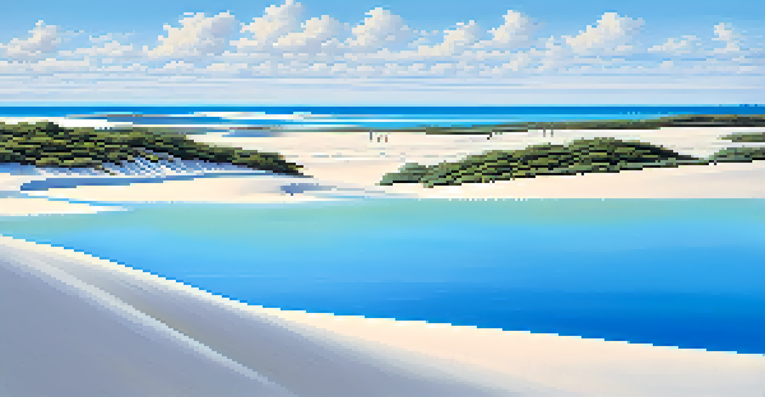 The stunning Lençóis Maranhenses National Park with white sand dunes and blue lagoons, showcasing eco-tourists enjoying the landscape under a clear blue sky.