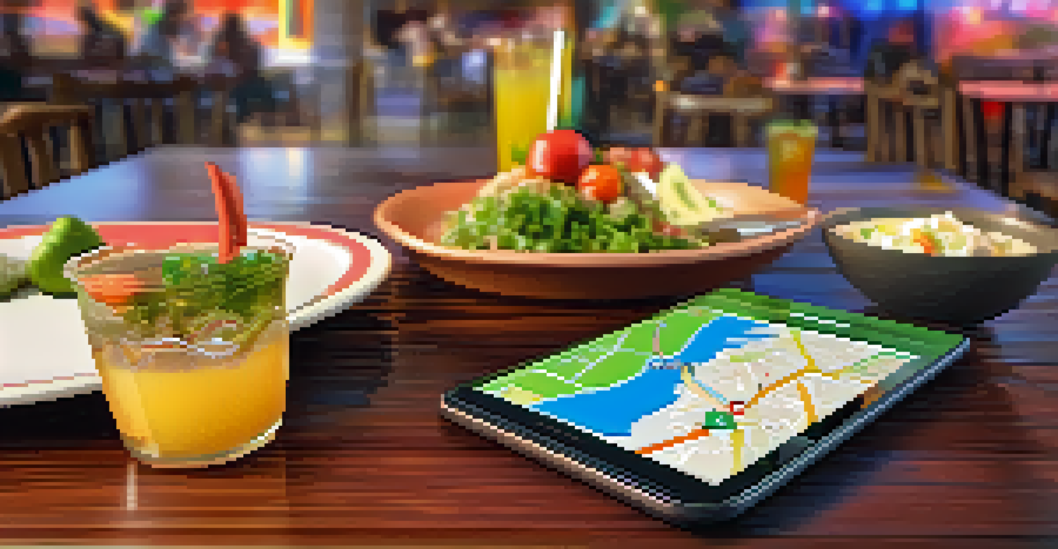 Close-up of a smartphone on a table in a Brazilian restaurant showing a map application, with traditional dishes and colorful decor in the background.