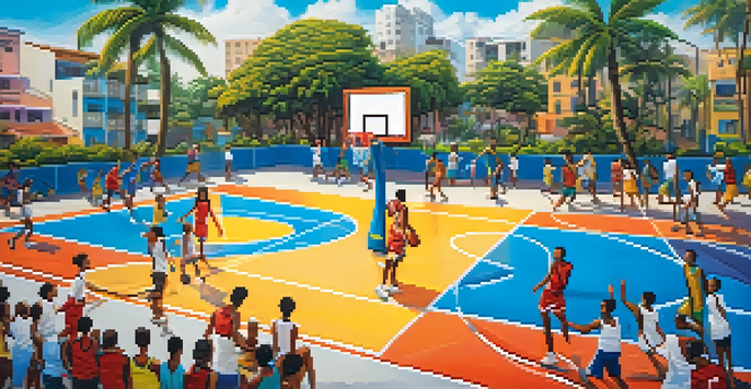 A lively street basketball court in Brazil with young players and colorful murals of famous players, set against a bright blue sky.