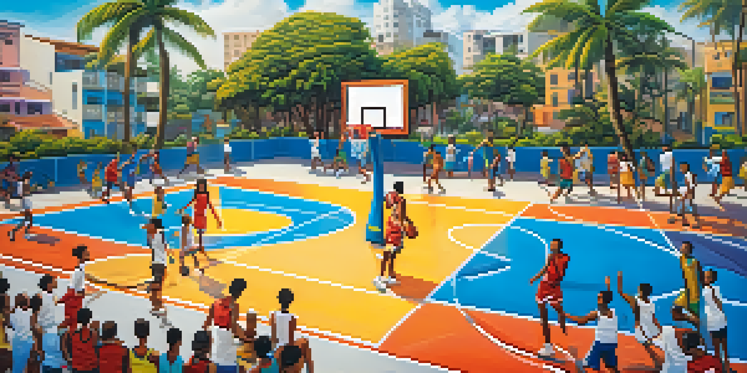 A lively street basketball court in Brazil with young players and colorful murals of famous players, set against a bright blue sky.
