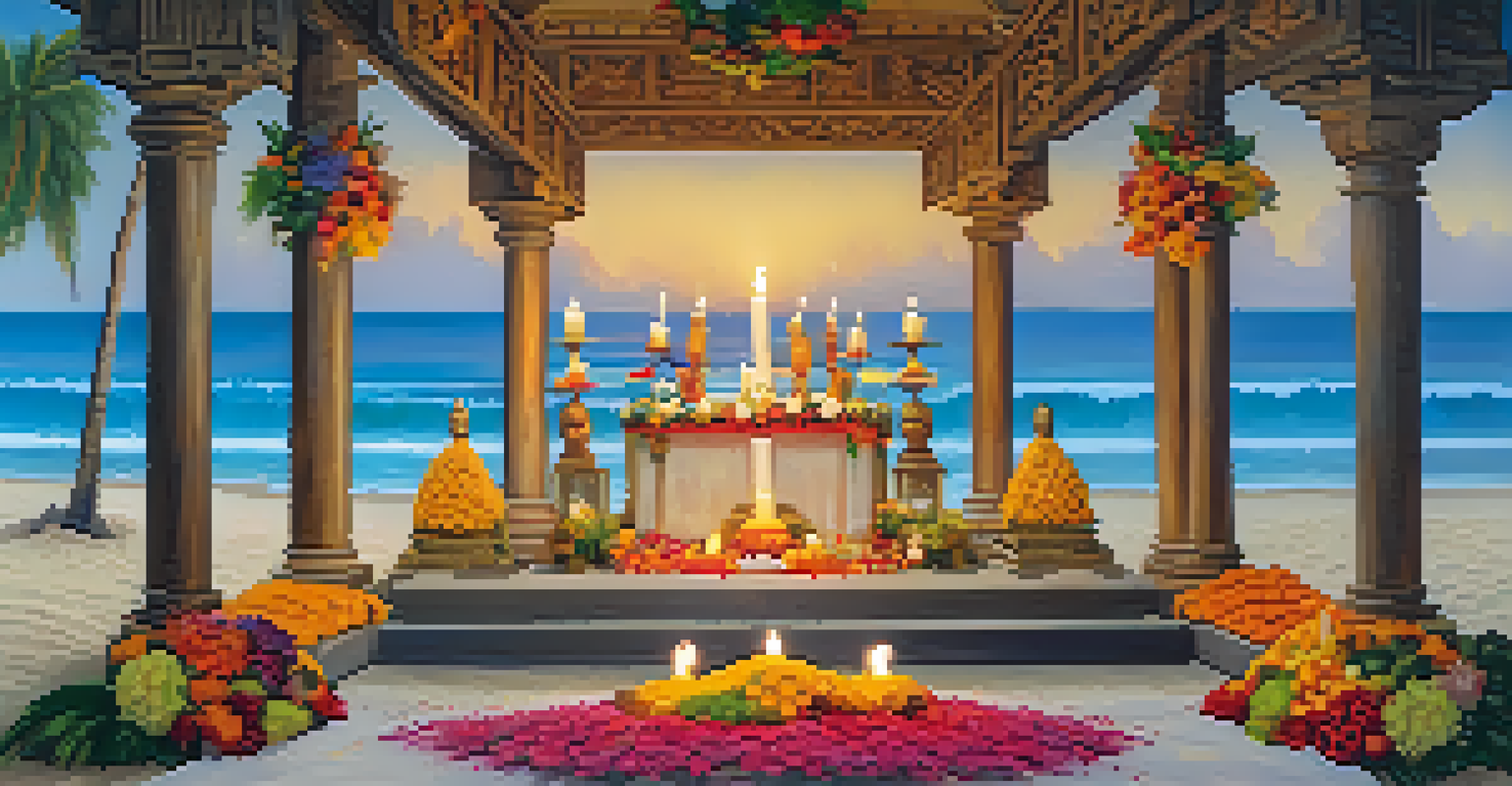 A beautifully decorated altar with flowers and fruits for Iemanjá on a sandy beach.