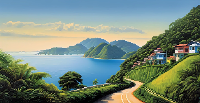 A panoramic view of a winding coastal road surrounded by green hills and blue ocean, representing the journey from Rio to Paraty.