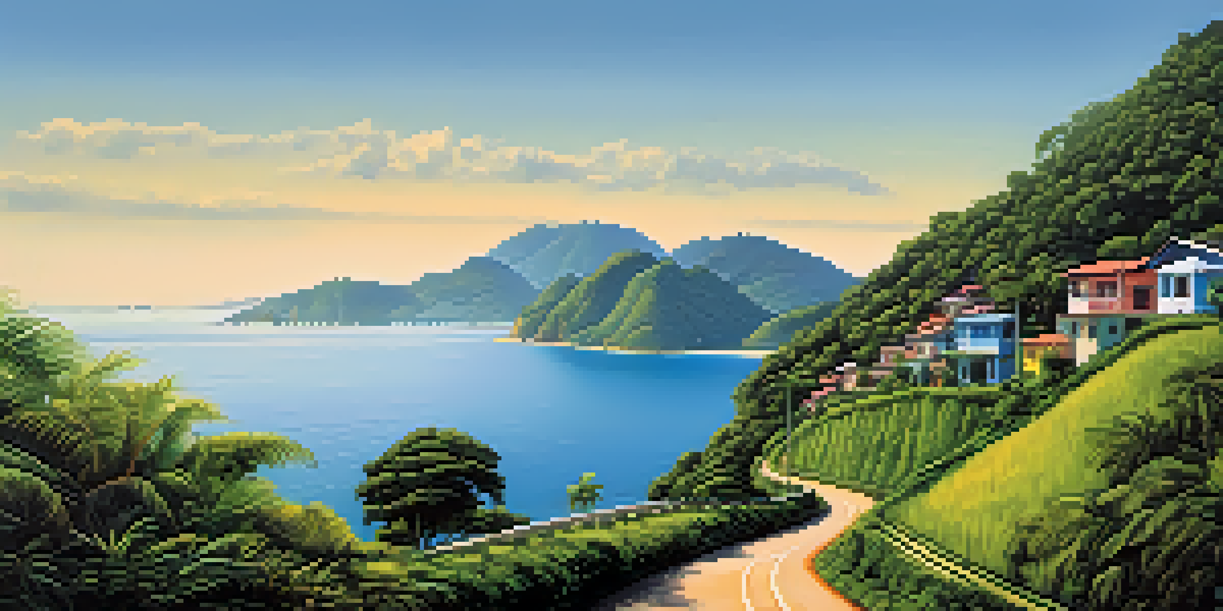 A panoramic view of a winding coastal road surrounded by green hills and blue ocean, representing the journey from Rio to Paraty.