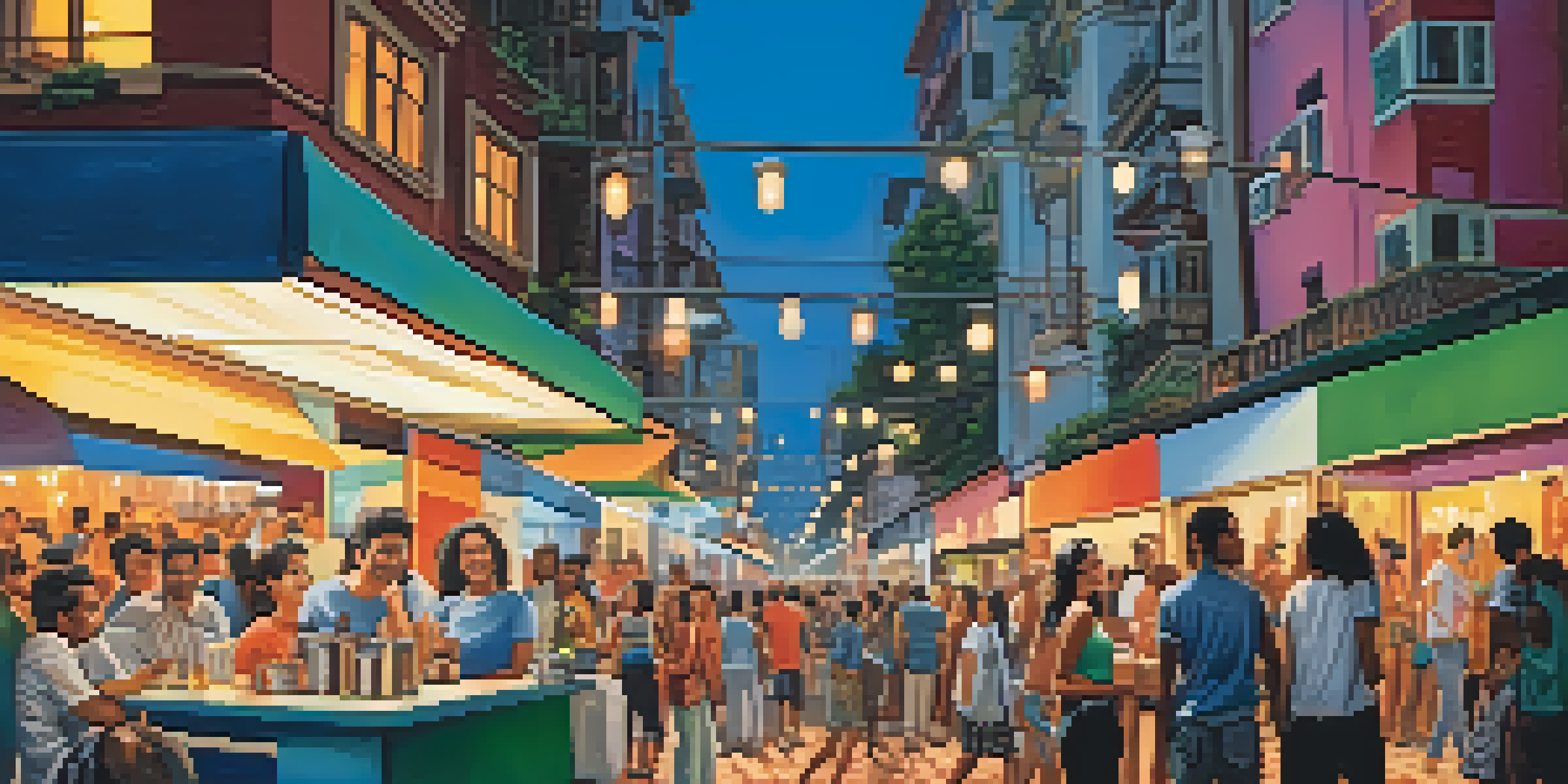 A lively street scene in São Paulo's gay district, featuring colorful street art and diverse crowds enjoying the evening.