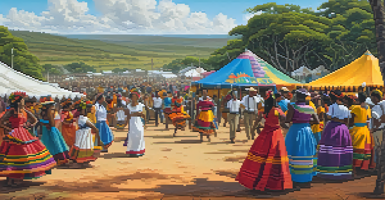 A lively community festival in the Cerrado, with people in traditional clothing celebrating amidst a beautiful natural backdrop.