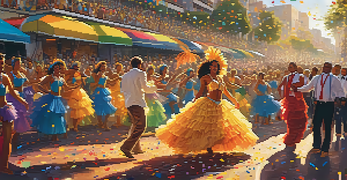 A lively carnival celebration in Rio de Janeiro with dancers in colorful costumes and musicians, set against a sunset backdrop.