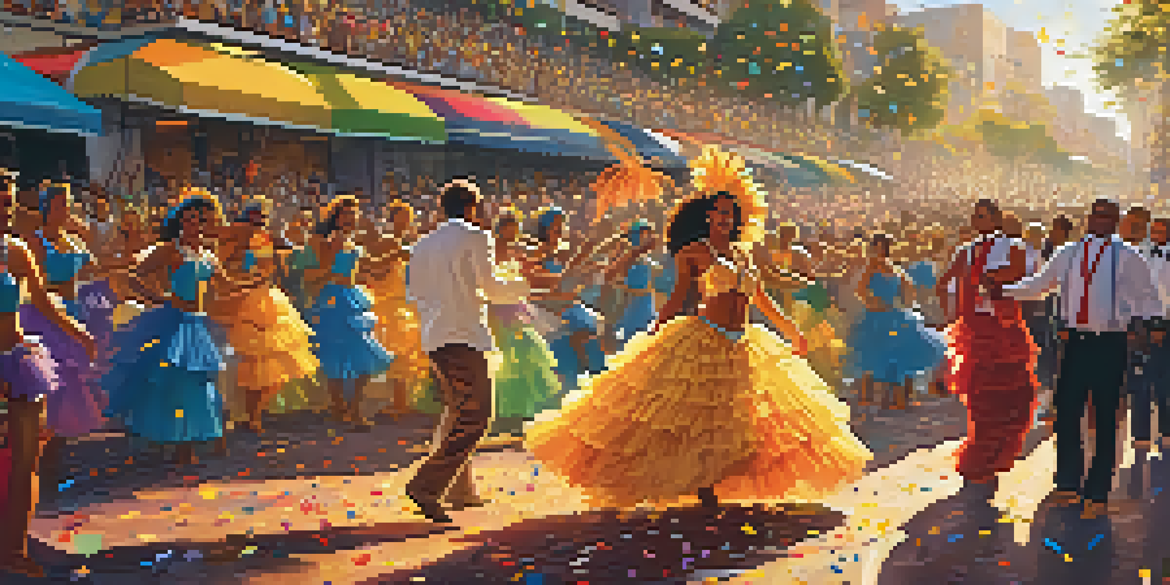 A lively carnival celebration in Rio de Janeiro with dancers in colorful costumes and musicians, set against a sunset backdrop.
