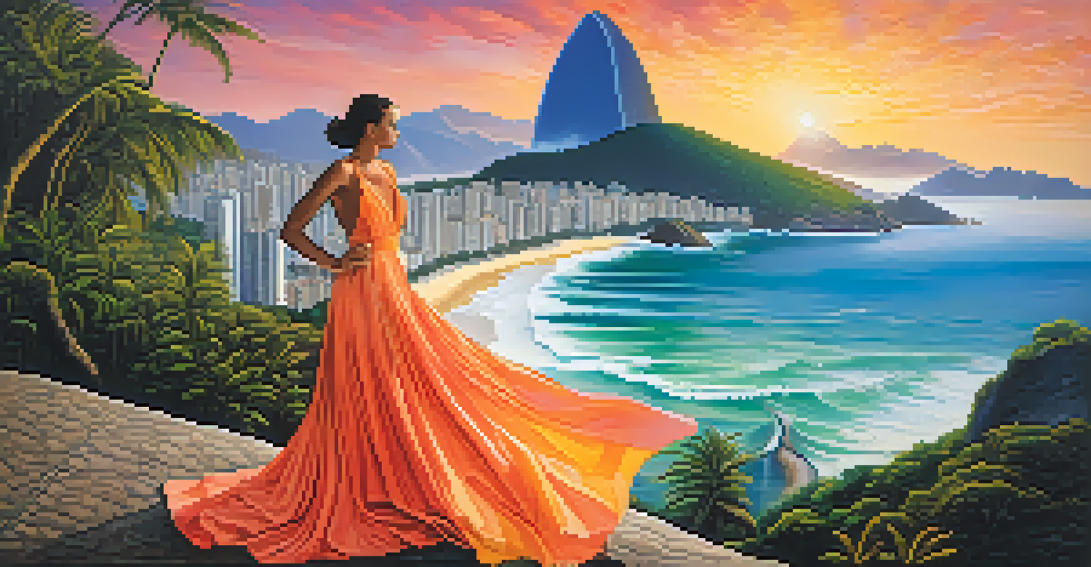 A fashion model posing against the stunning landscapes of Rio de Janeiro, wearing a dress that reflects sunset colors and ocean textures, highlighting nature's influence on fashion.