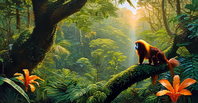 A colorful and lush Atlantic Forest scene with a golden lion tamarin on a tree branch, sunlight filtering through the canopy.
