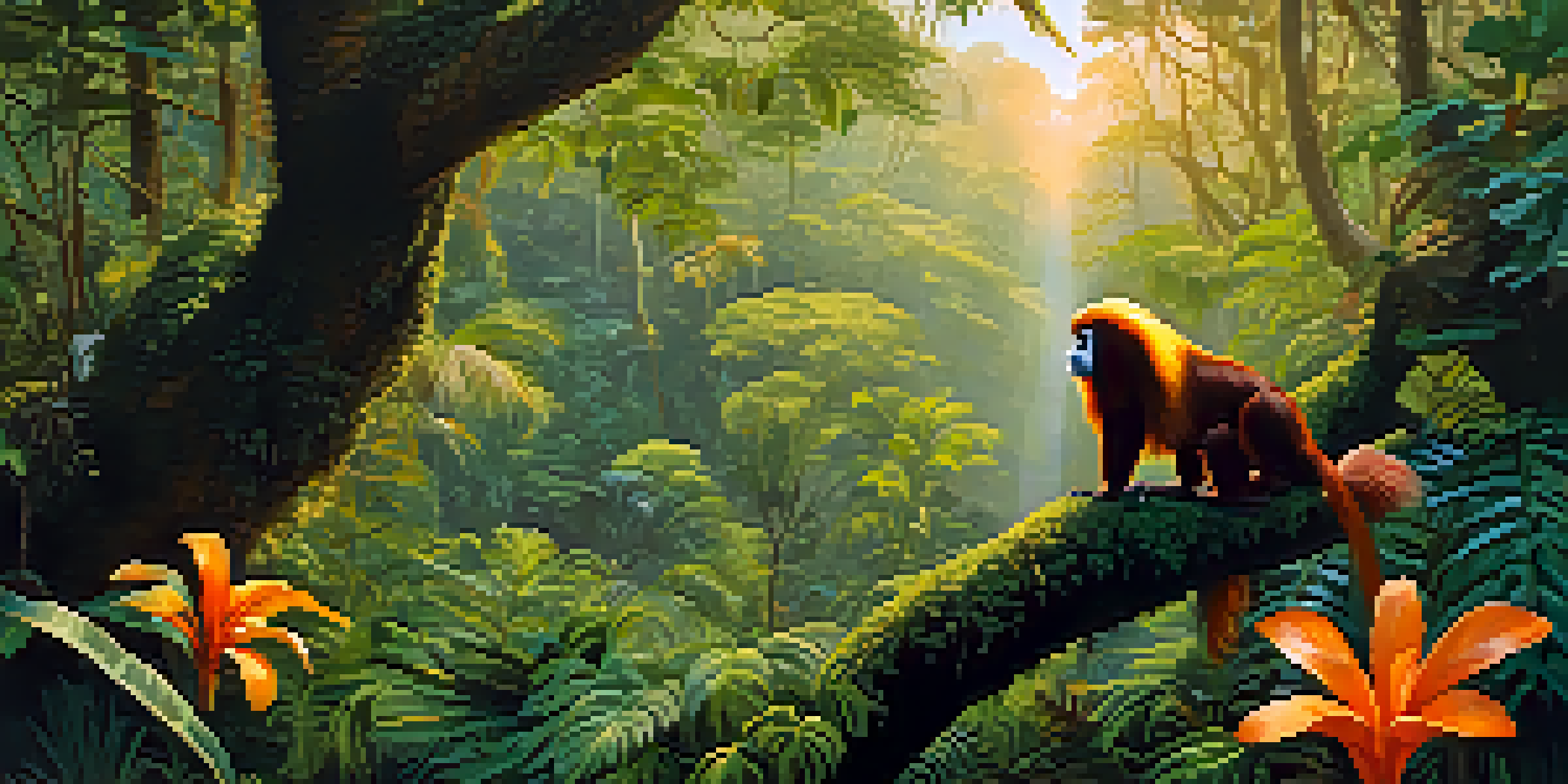 A colorful and lush Atlantic Forest scene with a golden lion tamarin on a tree branch, sunlight filtering through the canopy.