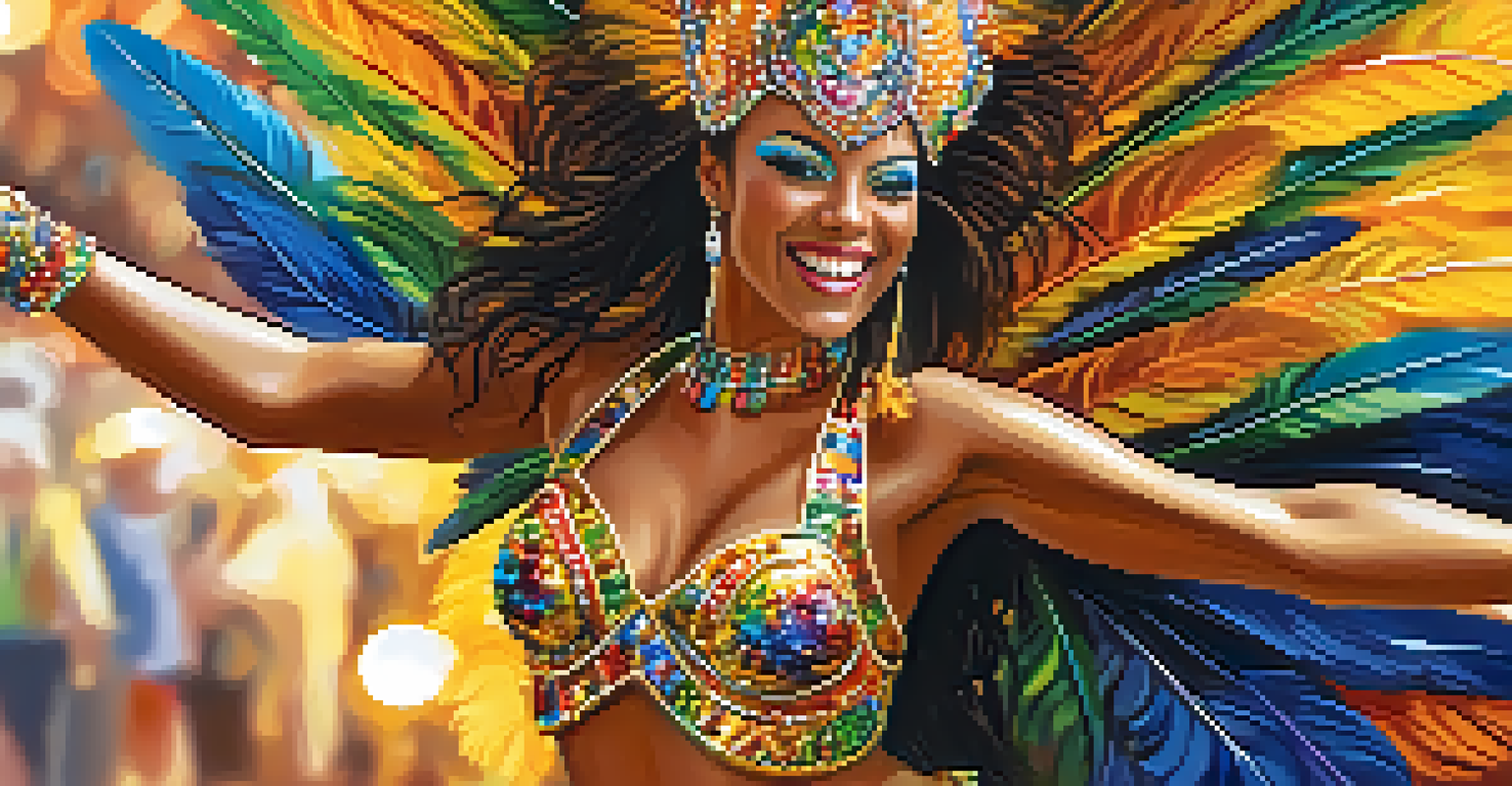 A joyful samba dancer in an elaborate costume with sequins and feathers, set against a blurred street party background.
