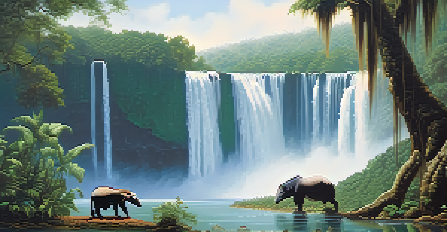 Iguaçu Falls with a tapir in the foreground and ocelots in the rainforest, surrounded by mist and lush greenery.