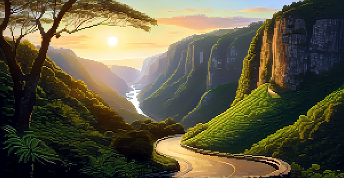 A winding road through lush forests and dramatic cliffs at sunset, with distant mountains and a waterfall.